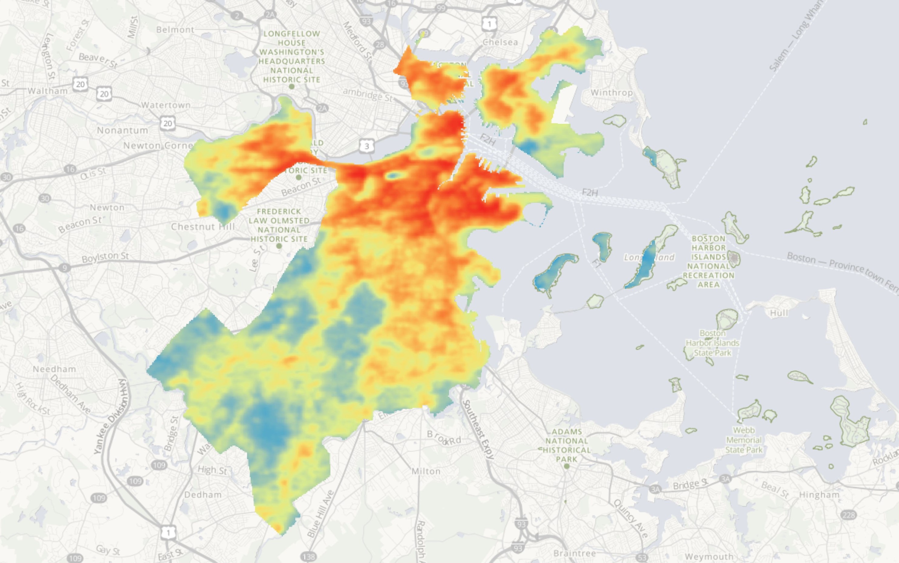 city of boston as a heat map from blue to red, with darker red and orange signifying hotter temperatures