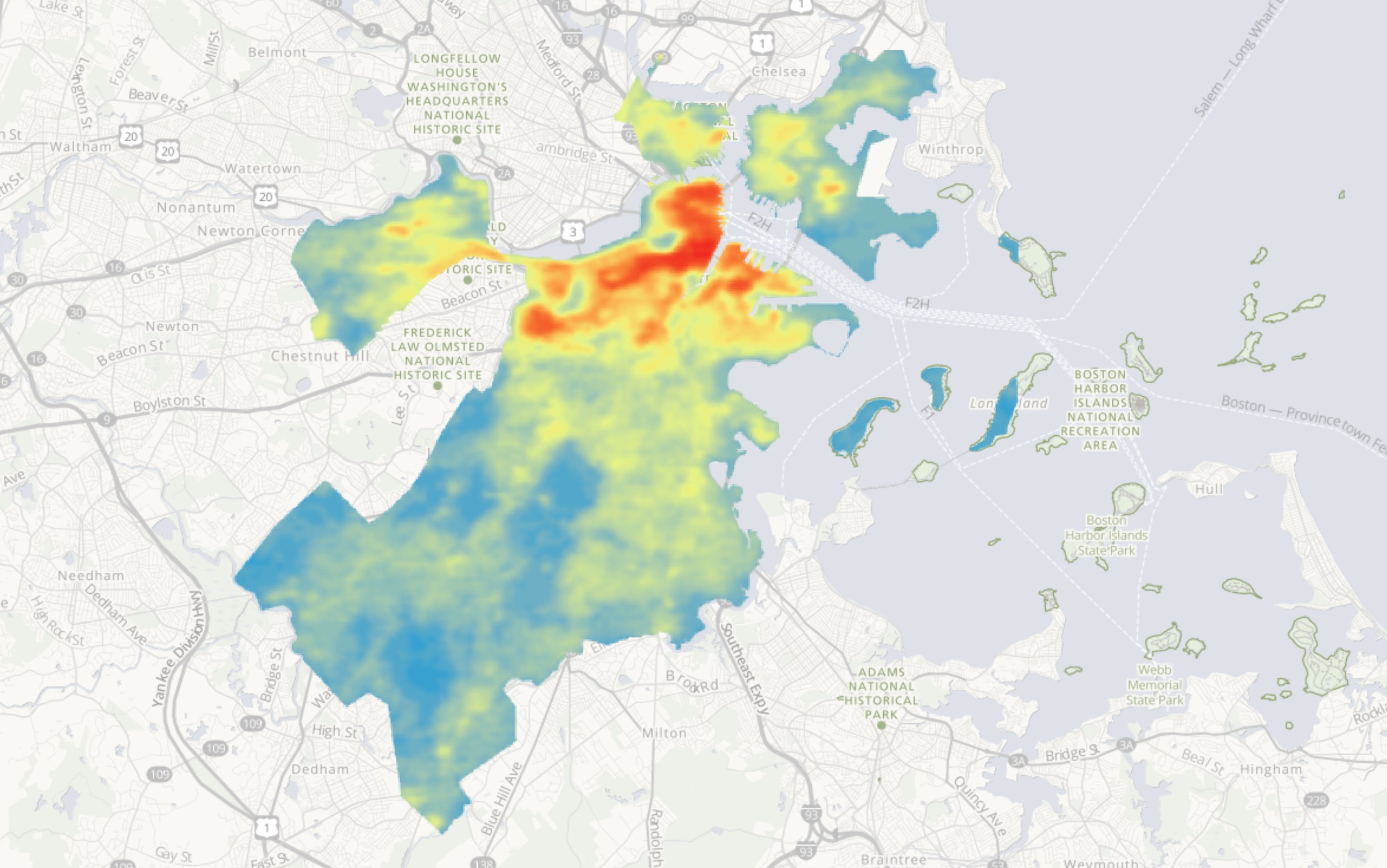 city of boston as a heat map from blue to red, with darker red and orange signifying hotter temperatures