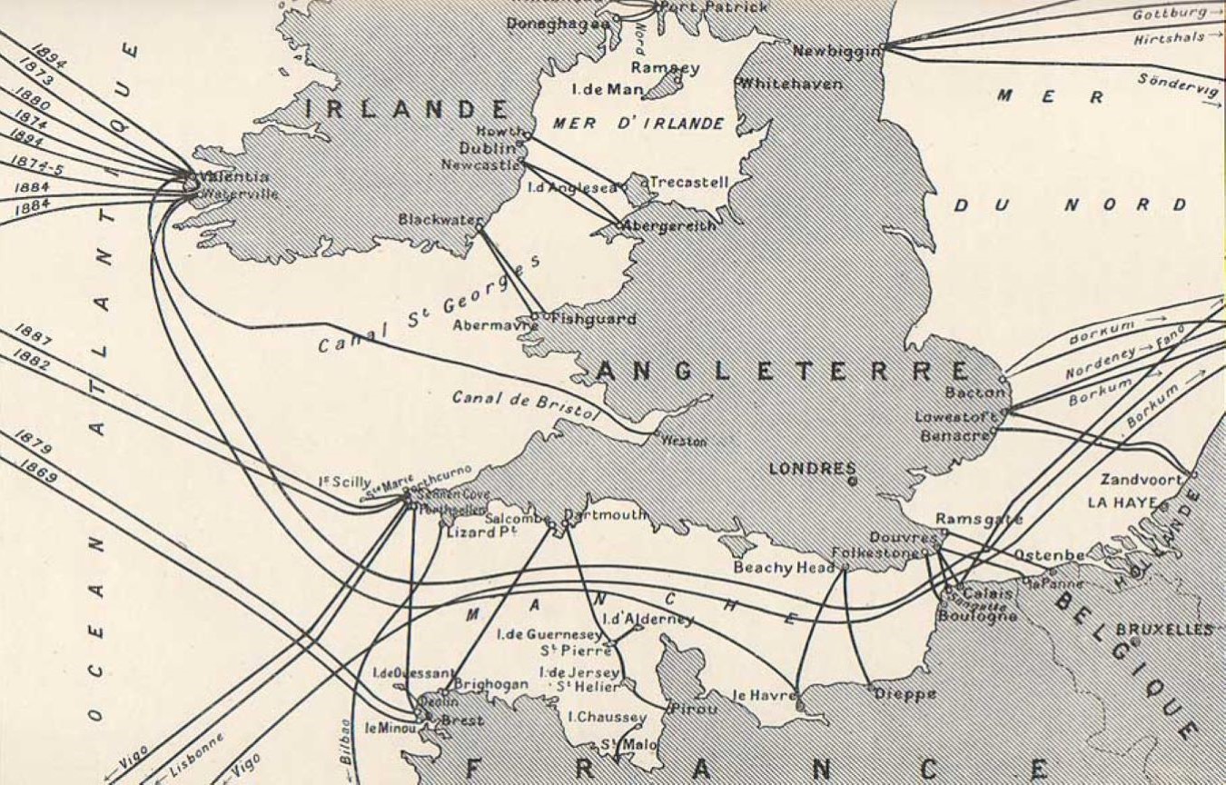 Map showing the northeastern United States and southeastern Canada coasts with lines coming in.