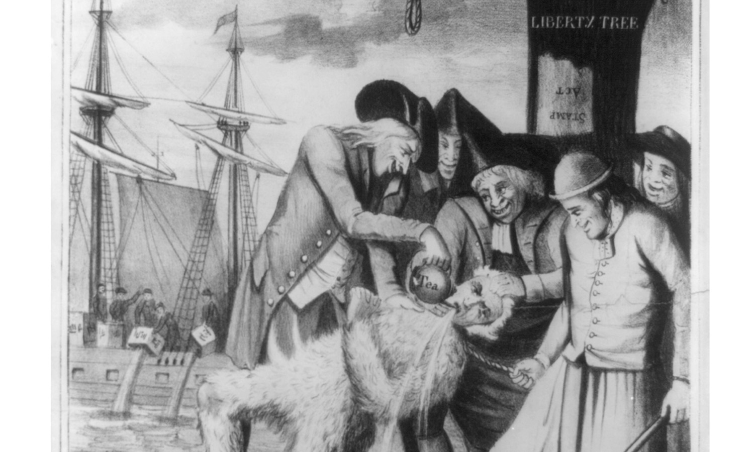 A group of 18th century Patriots stand around a loyalist who kneels on the ground covered in tar and feathers. The group of Patriots pour hot tea down the loyalists throat.