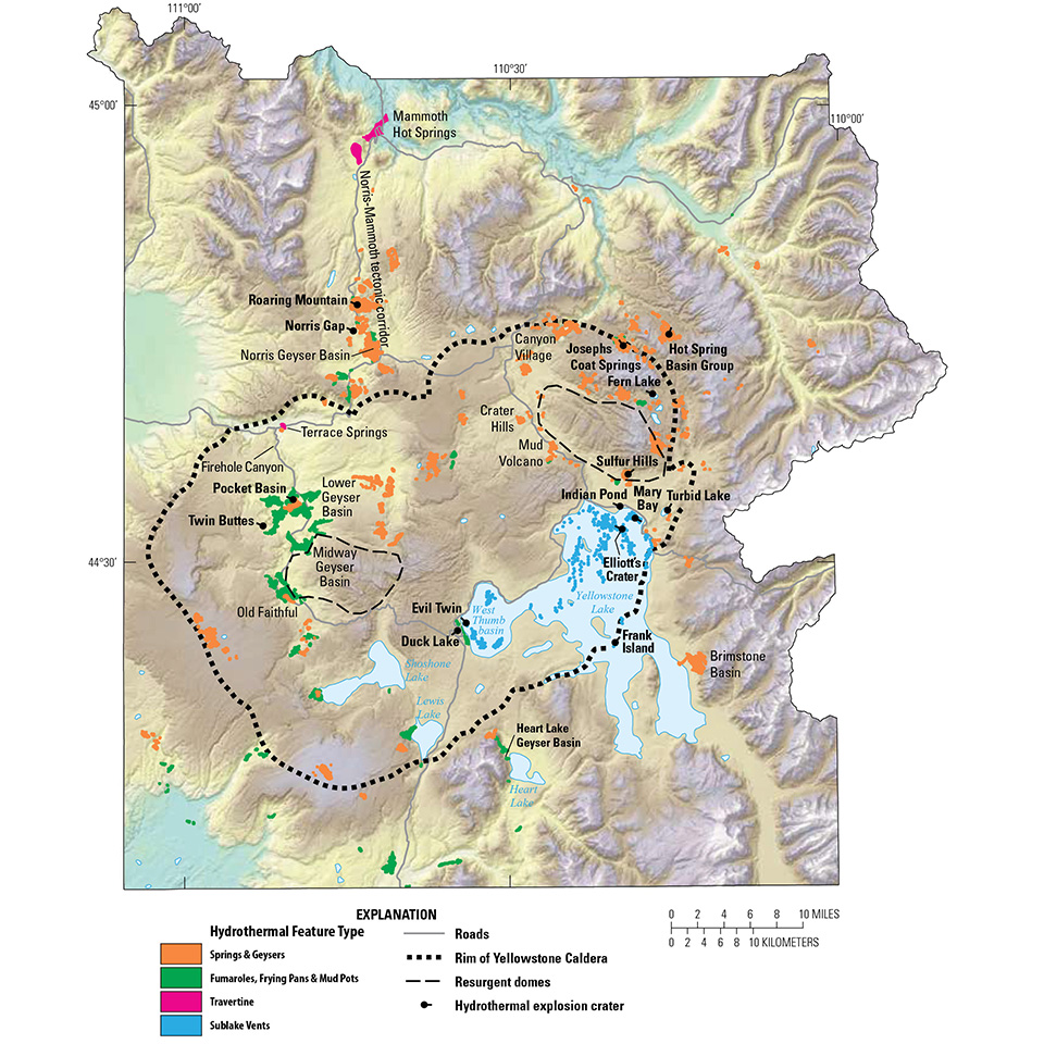 map of yellowstone area showing mountains, valleys, and lakes