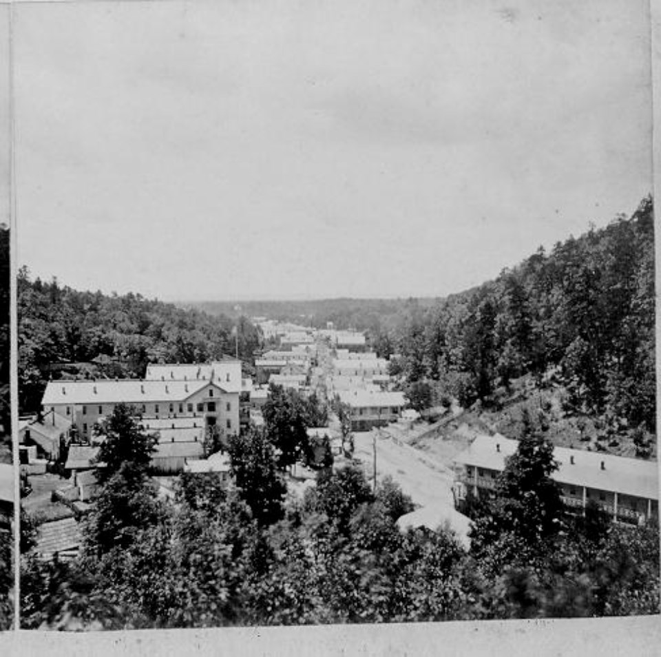 Black and white image of aerial view of Hot Springs
