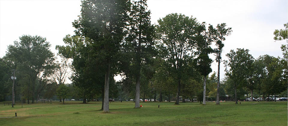 People gather in chairs and in the lawn in front of a two-story hotel behind a row of trees, black and white photo.