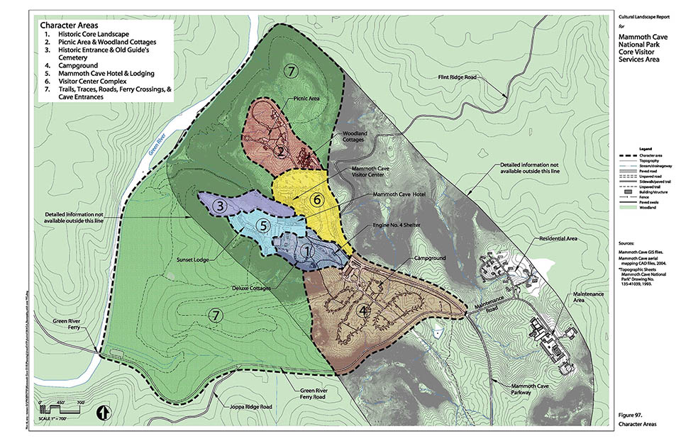 A labeled map of a visitor services area, showing the Green River running north/south on the western edge, and entry roads to the south and east. Campground loops, a visitor center and other features, and a network of trails are identified by symbols.