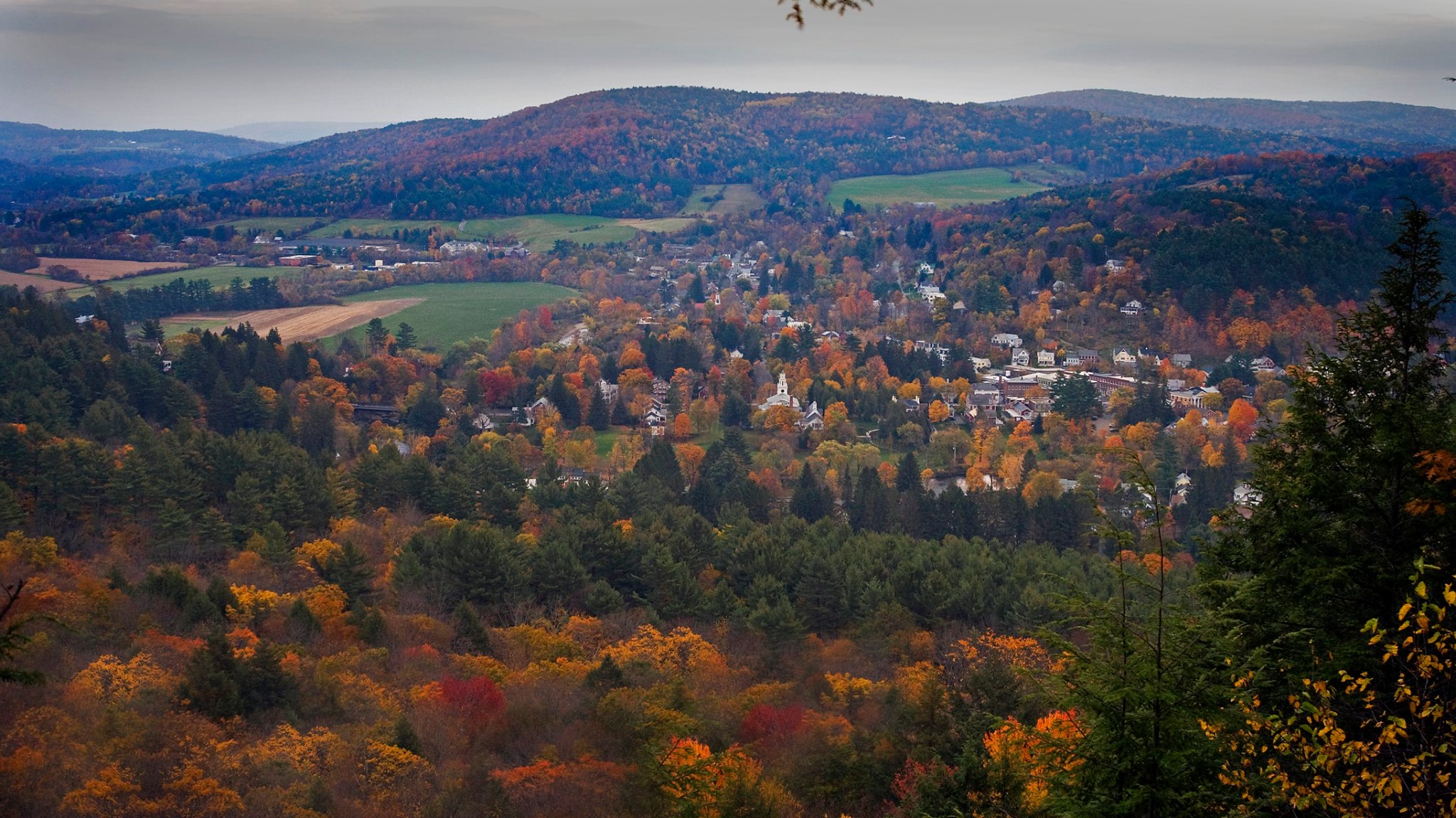 a black and white photo of a town in a valley with very few trees