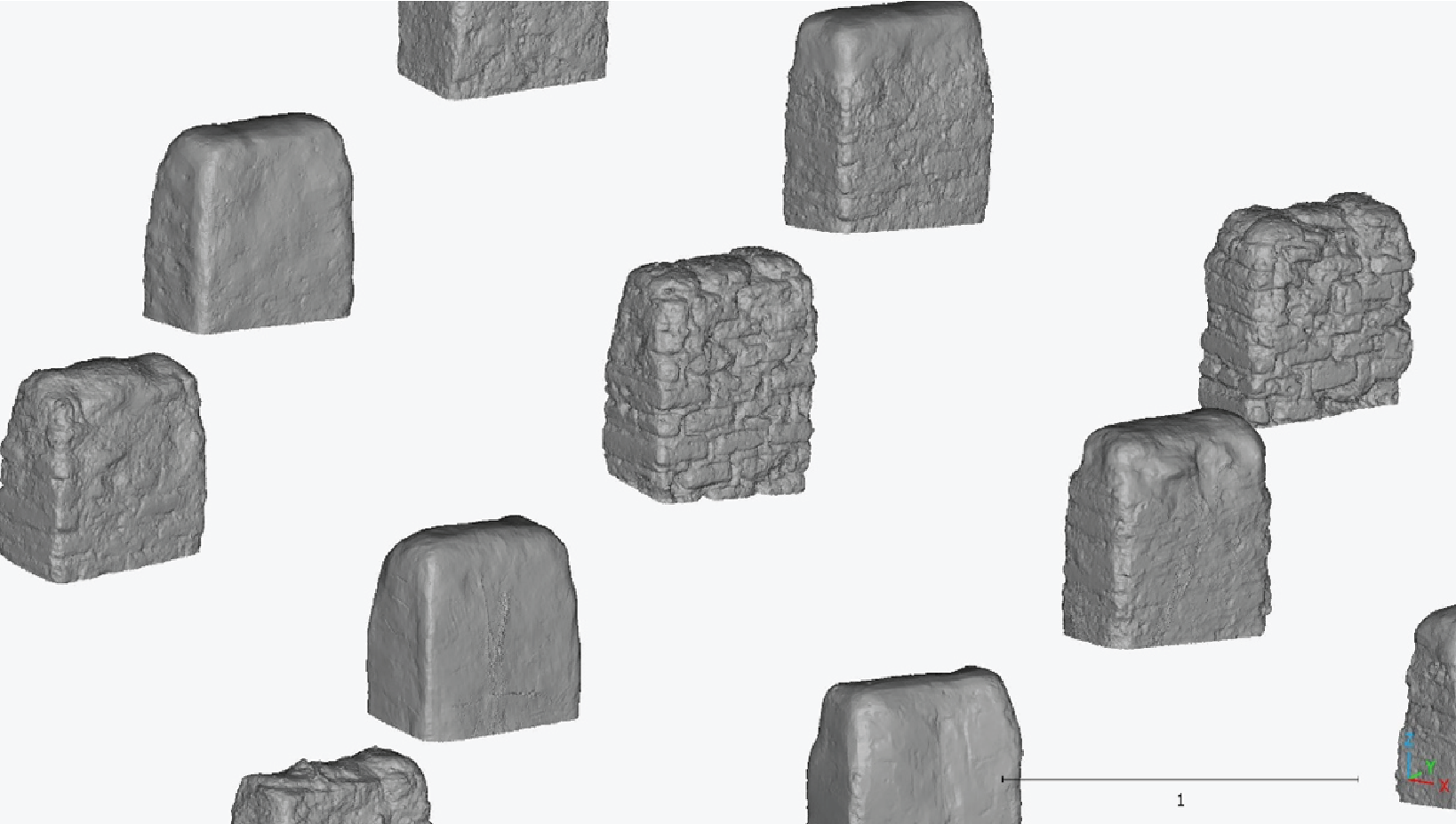 LiDAR scan of test walls. Some are smooth, others weathered.