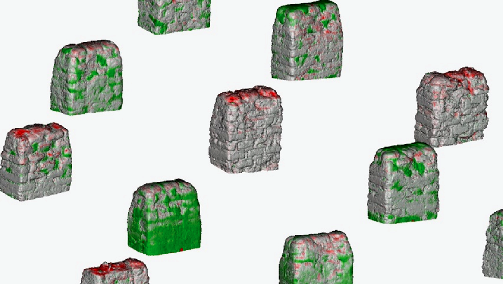 LiDAR scan of test walls. Some are smooth, others weathered.