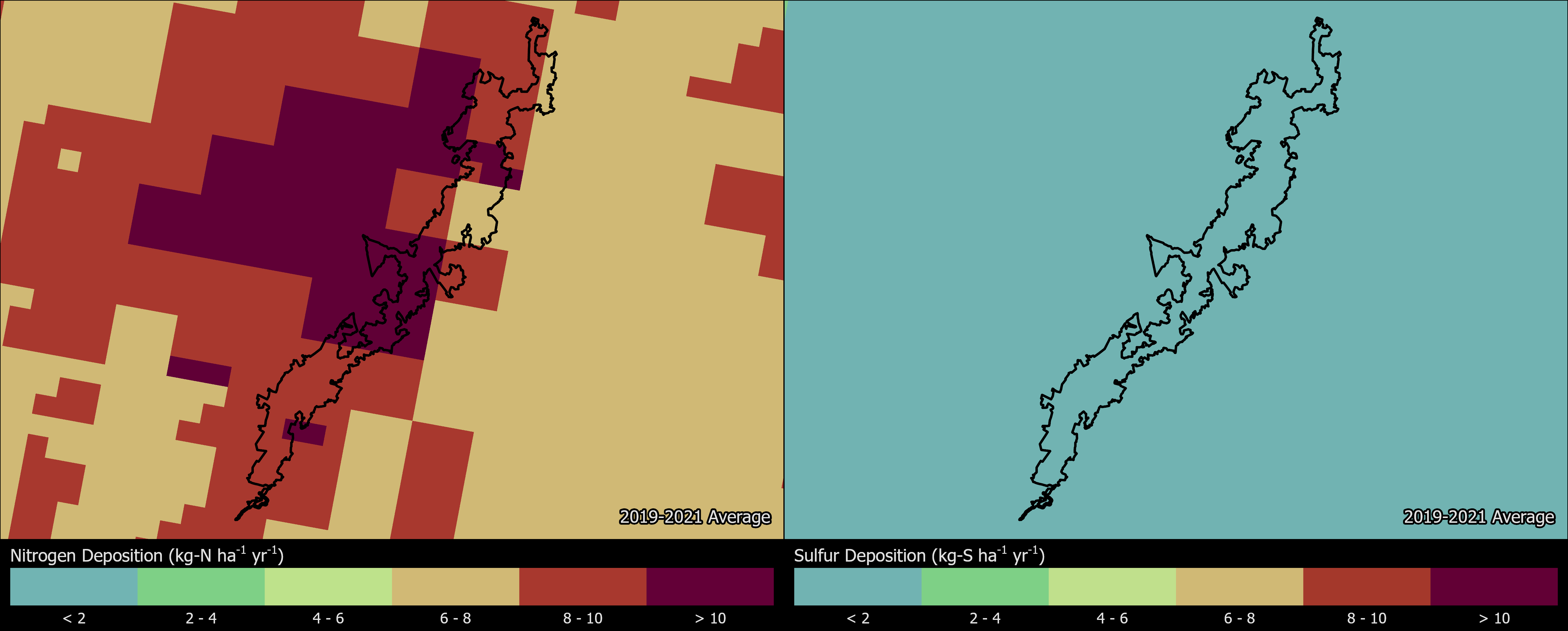Two maps showing GRCA boundaries. The left map shows the spatial distribution of estimated total nitrogen deposition levels from 2000-2002. The right map shows the spatial distribution of estimated total sulfur deposition levels from 2000-2002.