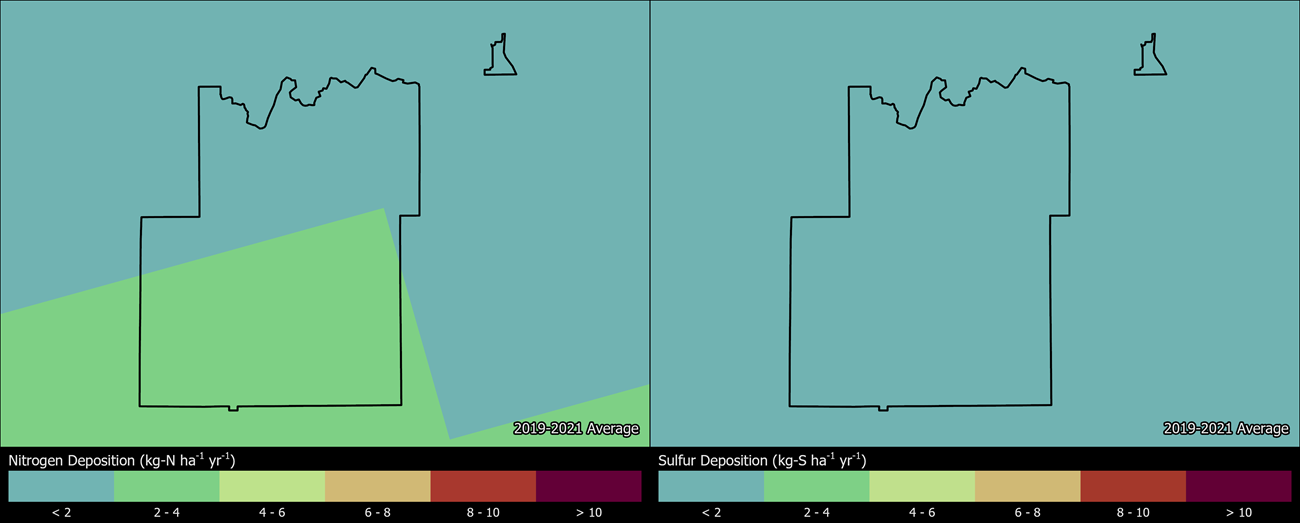 Two maps showing LABE boundaries. The left map shows the spatial distribution of estimated total nitrogen deposition levels from 2000-2002. The right map shows the spatial distribution of estimated total sulfur deposition levels from 2000-2002.
