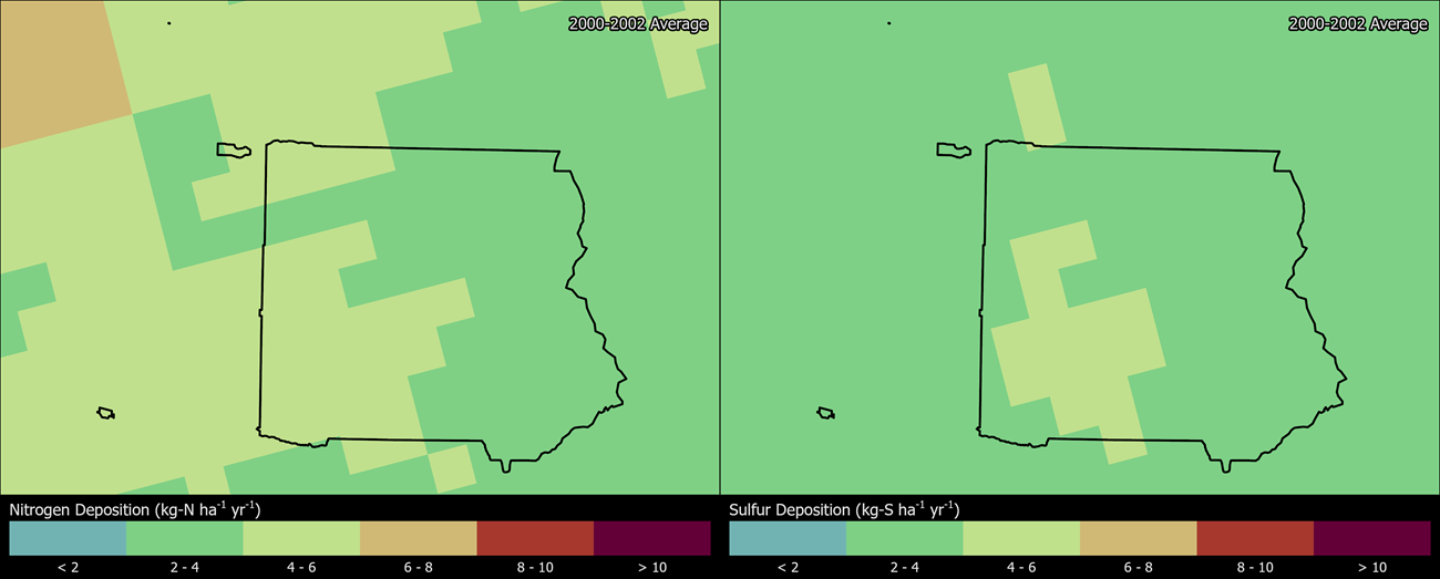 Two maps showing MORA boundaries. The left map shows the spatial distribution of estimated total nitrogen deposition levels from 2000-2002. The right map shows the spatial distribution of estimated total sulfur deposition levels from 2000-2002.