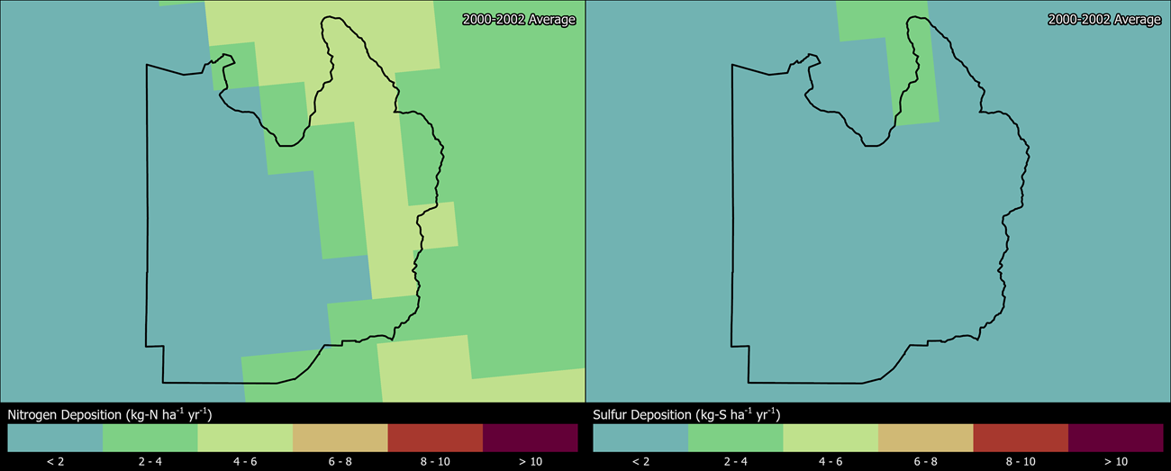 Two maps showing GRSA boundaries. The left map shows the spatial distribution of estimated total nitrogen deposition levels from 2000-2002. The right map shows the spatial distribution of estimated total sulfur deposition levels from 2000-2002.