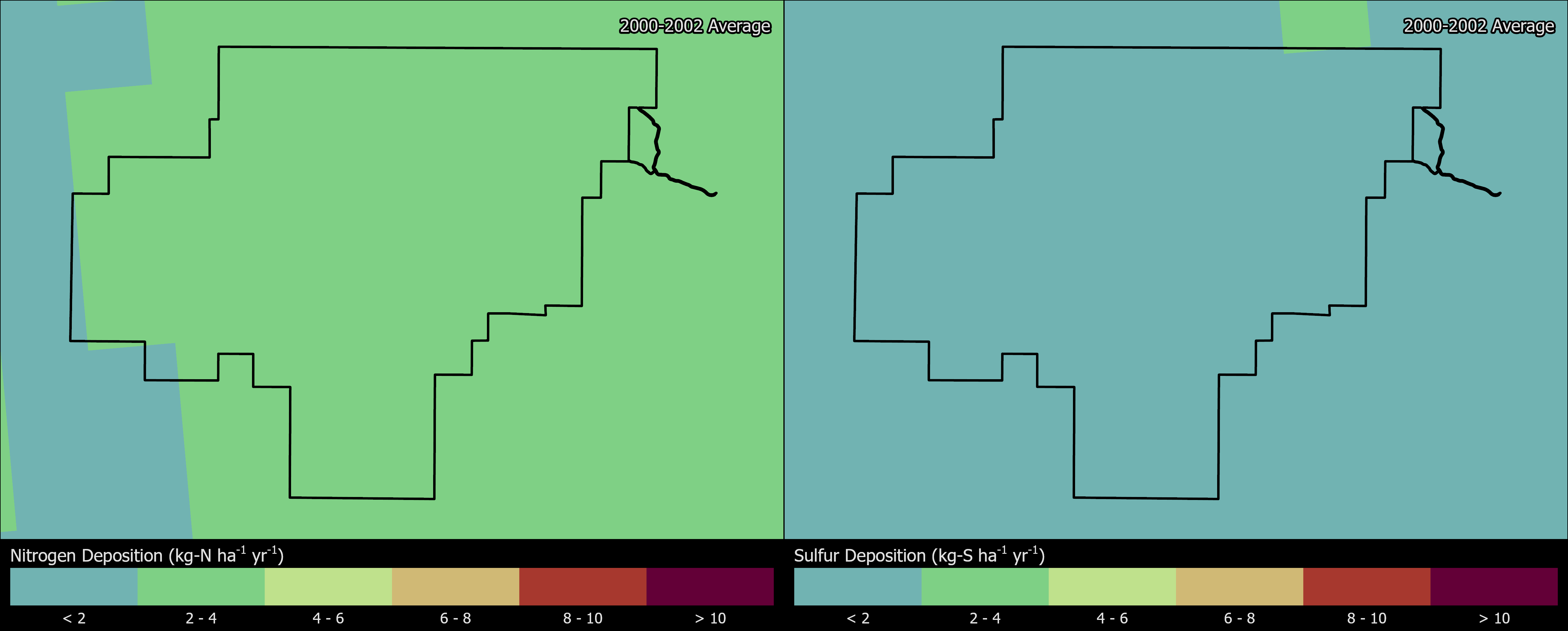 Two maps showing GUMO boundaries. The left map shows the spatial distribution of estimated total nitrogen deposition levels from 2000-2002. The right map shows the spatial distribution of estimated total sulfur deposition levels from 2000-2002.