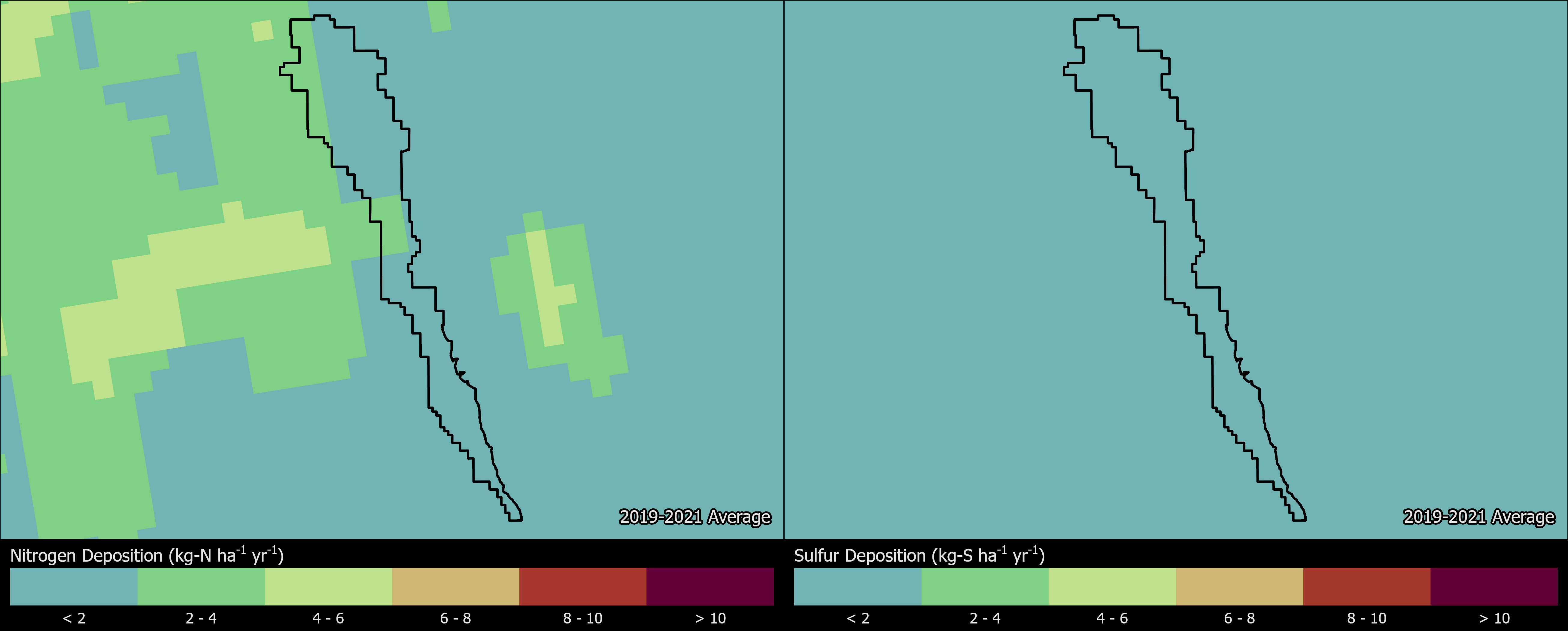 Two maps showing CARE boundaries. The left map shows the spatial distribution of estimated total nitrogen deposition levels from 2000-2002. The right map shows the spatial distribution of estimated total sulfur deposition levels from 2000-2002.