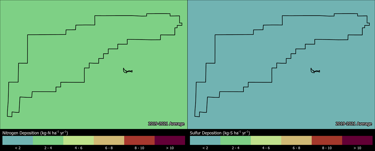 Two maps showing CAVE boundaries. The left map shows the spatial distribution of estimated total nitrogen deposition levels from 2000-2002. The right map shows the spatial distribution of estimated total sulfur deposition levels from 2000-2002.