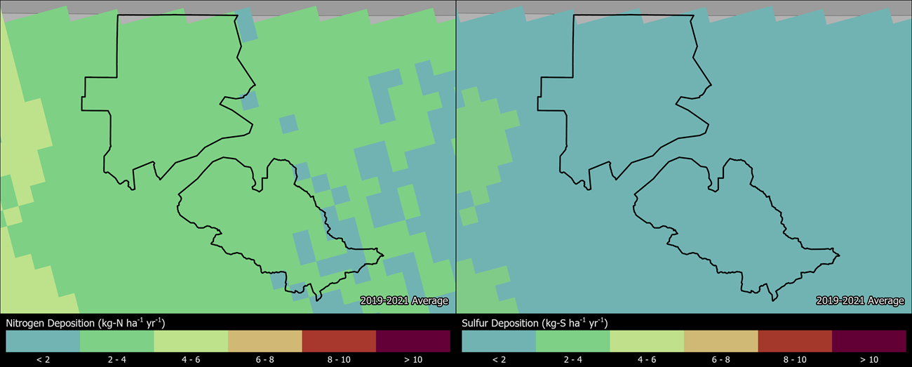 Two maps showing NOCA boundaries. The left map shows the spatial distribution of estimated total nitrogen deposition levels from 2000-2002. The right map shows the spatial distribution of estimated total sulfur deposition levels from 2000-2002.