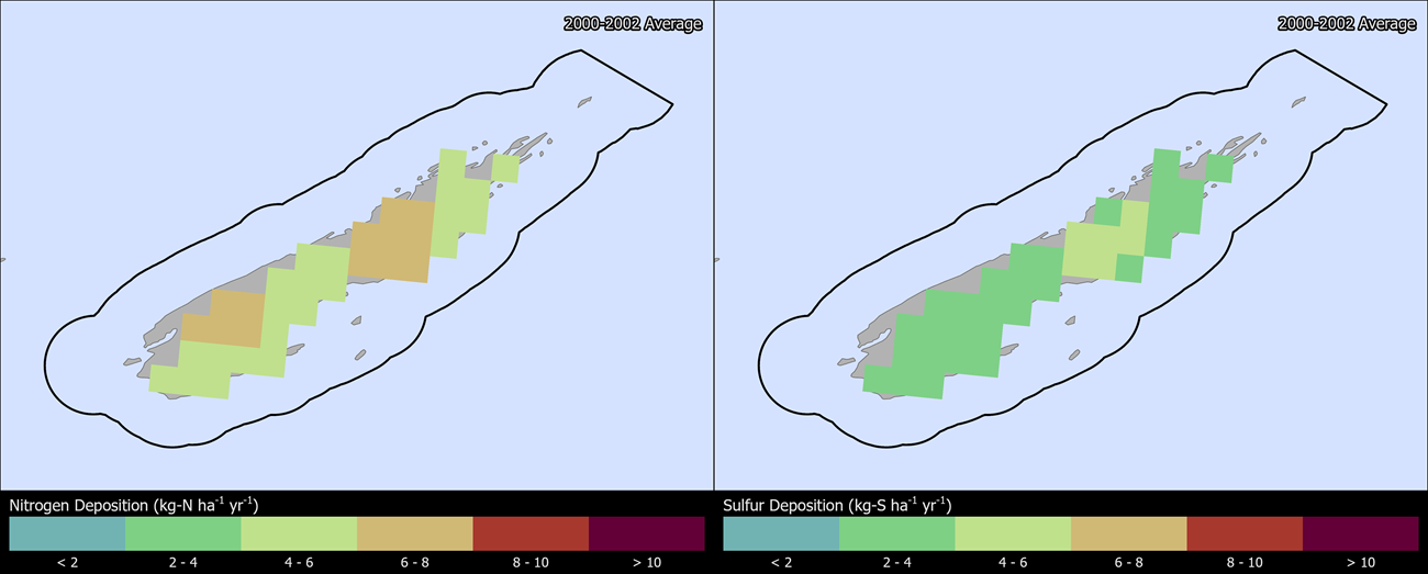 Two maps showing ISRO boundaries. The left map shows the spatial distribution of estimated total nitrogen deposition levels from 2000-2002. The right map shows the spatial distribution of estimated total sulfur deposition levels from 2000-2002.