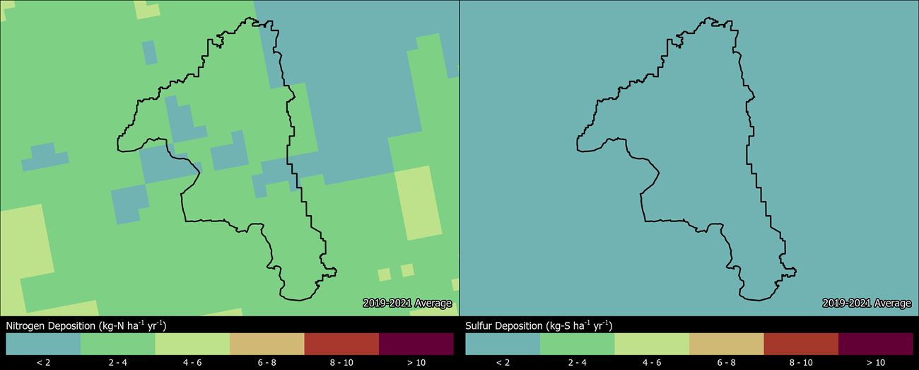 Two maps showing CRMO boundaries. The left map shows the spatial distribution of estimated total nitrogen deposition levels from 2000-2002. The right map shows the spatial distribution of estimated total sulfur deposition levels from 2000-2002.