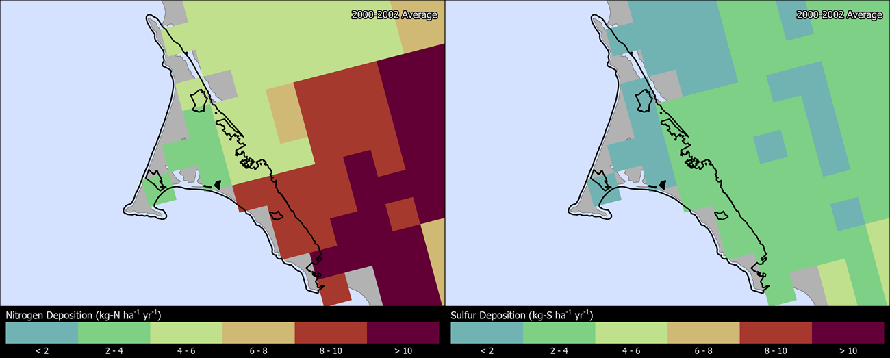 Two maps showing PORE boundaries. The left map shows the spatial distribution of estimated total nitrogen deposition levels from 2000-2002. The right map shows the spatial distribution of estimated total sulfur deposition levels from 2000-2002.