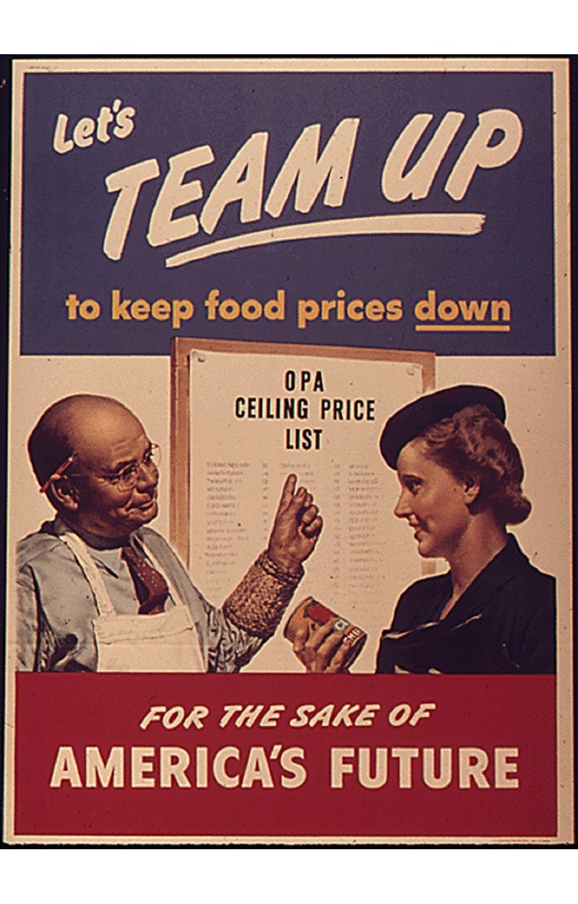 : Color illustration. A white shopkeeper wearing a white apron points to an OPA Ceiling Price List. A white woman wearing a blue jacket and hat is holding a can of produce and smiling at him.
