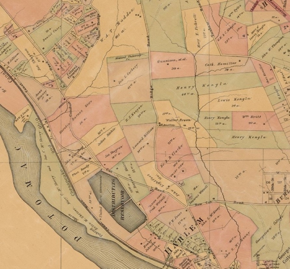 1887 Map of St. Phillips Hill and surrounding areas including reservoir, Potomac river, and C&O Canal