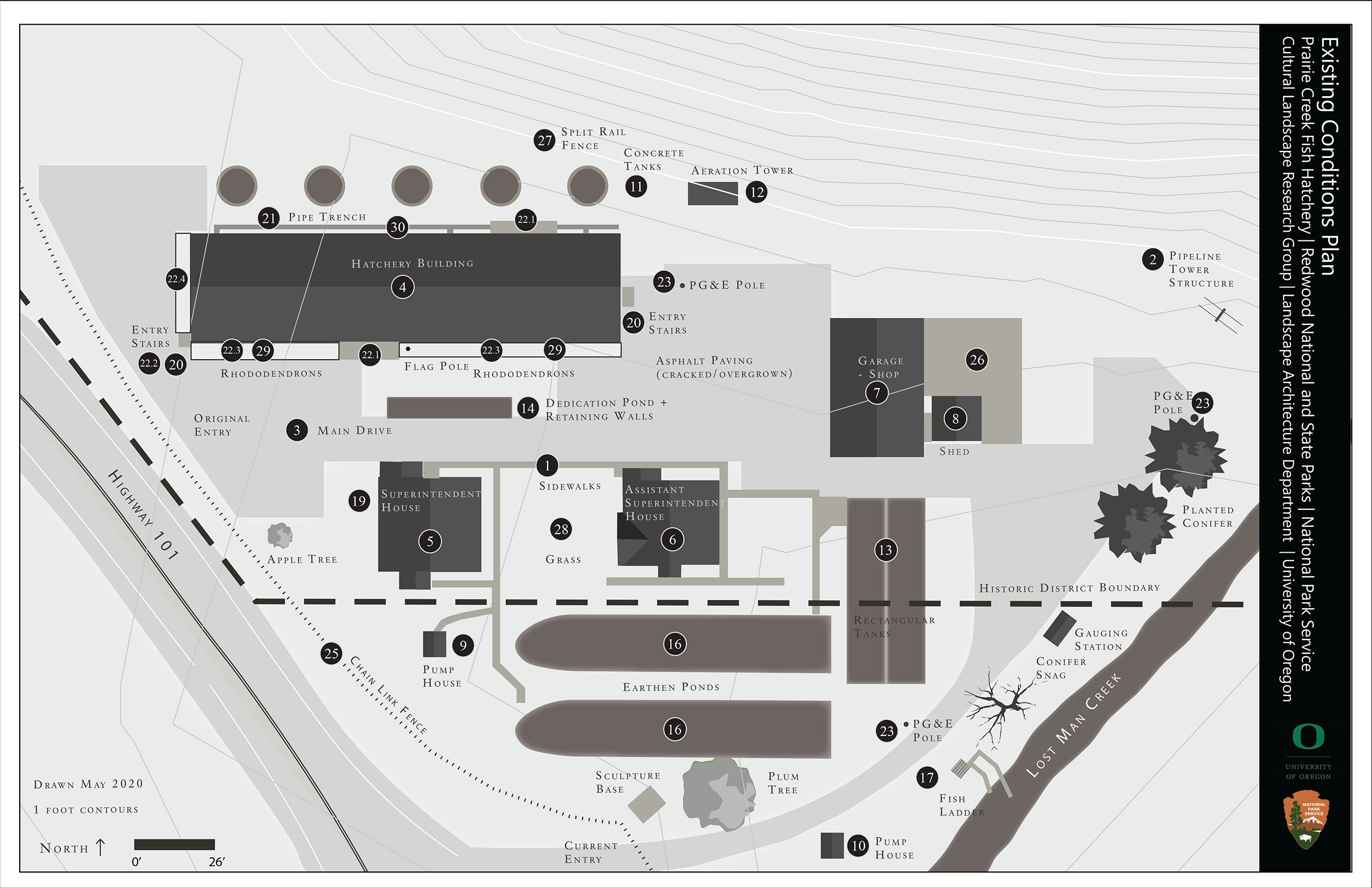 A labeled site plan shows landscape features of the Prairie Creek Fish Hatchery in 1943