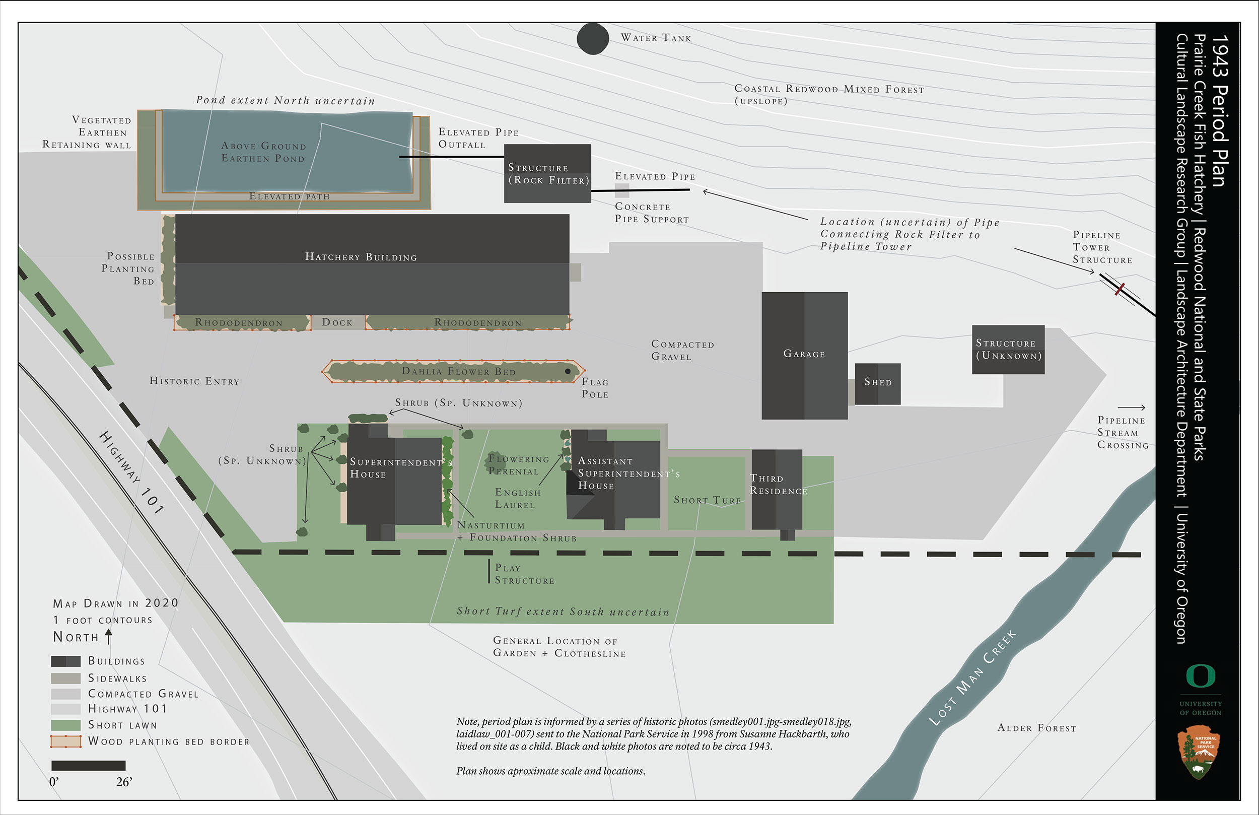 A labeled site plan shows landscape features of the Prairie Creek Fish Hatchery in 1943