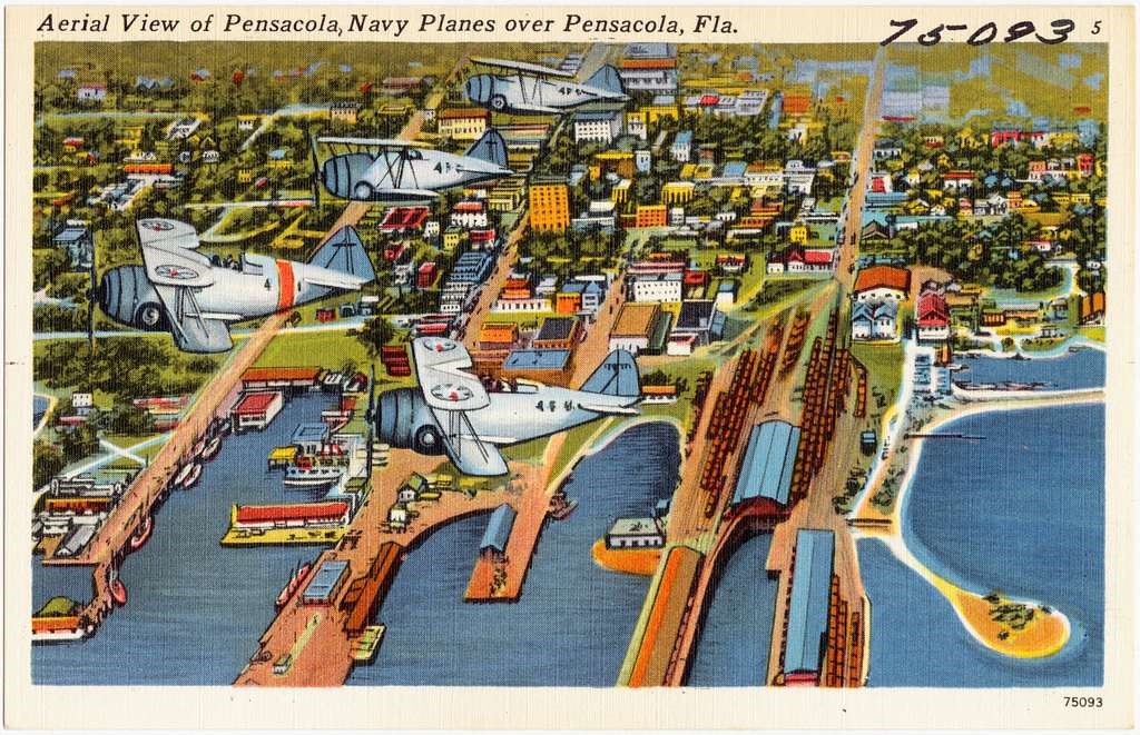 Colorful cartoon postcard of two planes flying over docks and a city