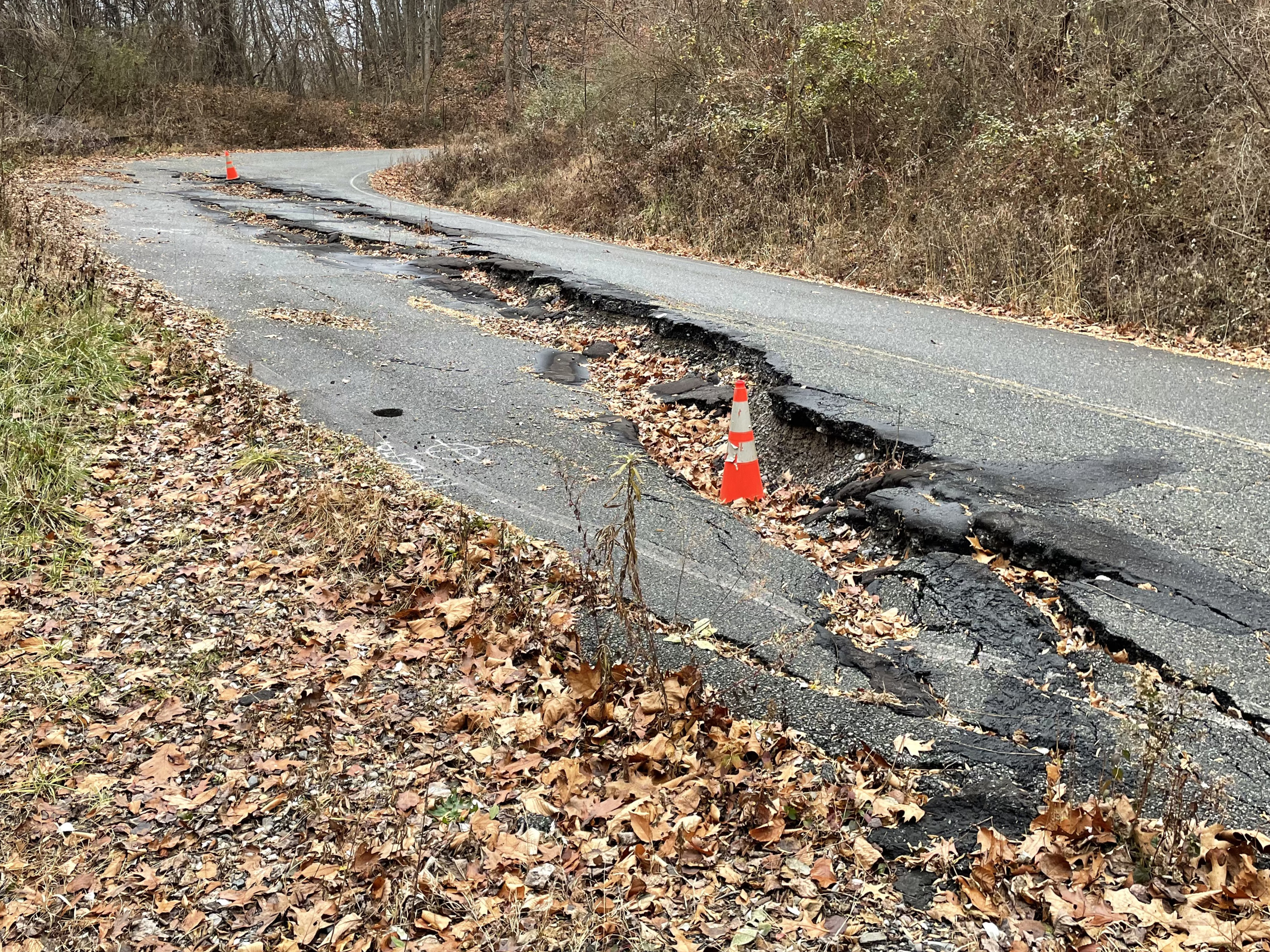 Bend in a road, with a crack that has been patched. Traffic cones warn that the road is becoming uneven.