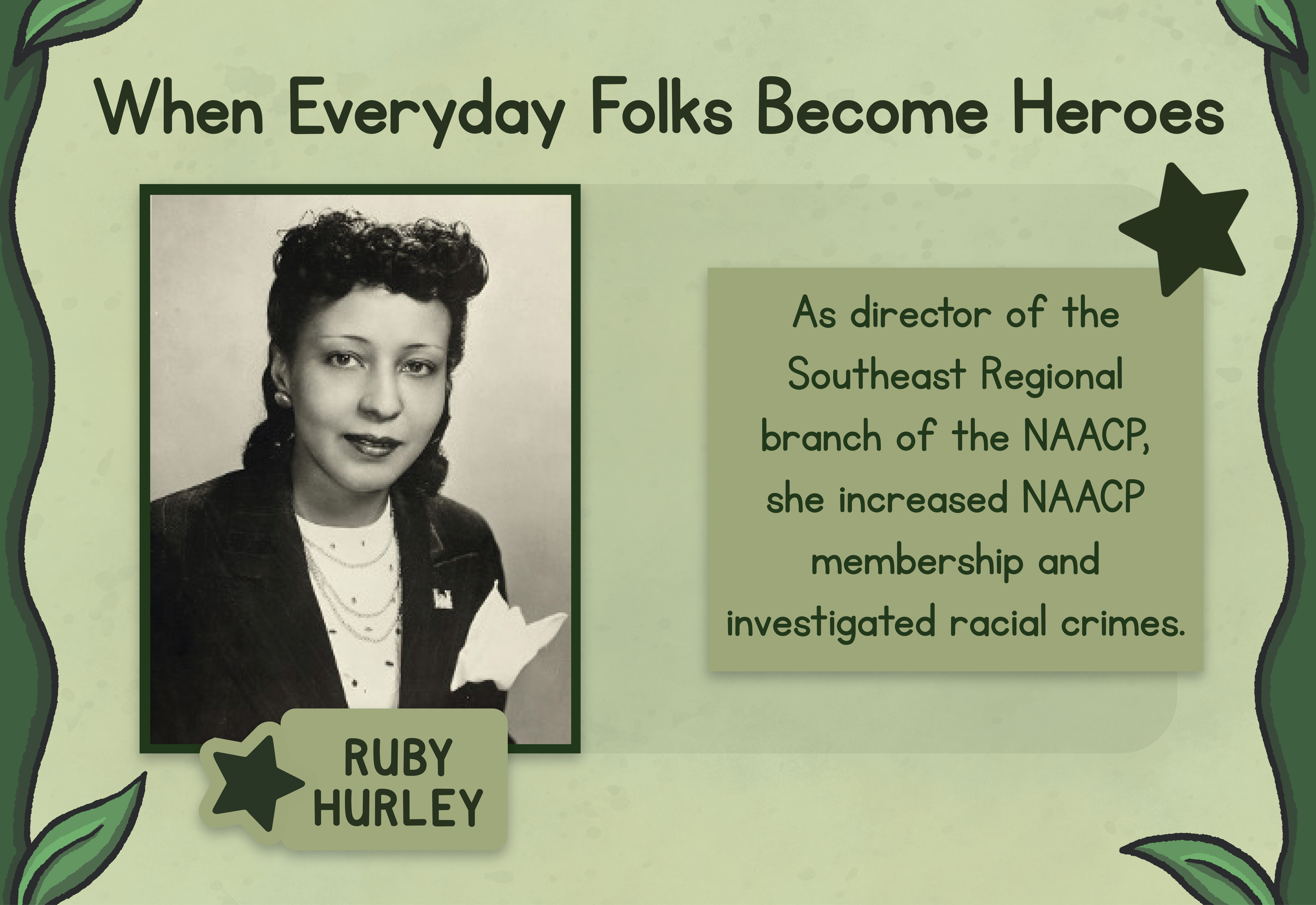 Underneath title When Everyday Folks Become Heroes is a photograph portrait of Ruby Hurley wearing a blazer and with her hair in victory curl style