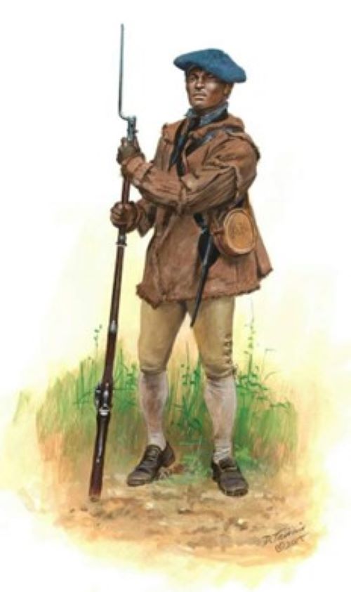 A drawing of an African American soldier carrying a musket.