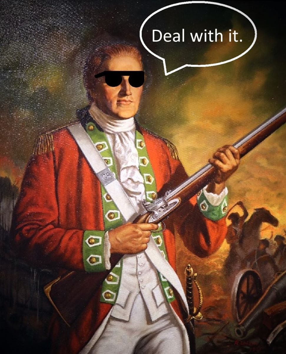 A drawing of a soldier in a red coat with sunglasses and a "deal with it" speech bubble. 