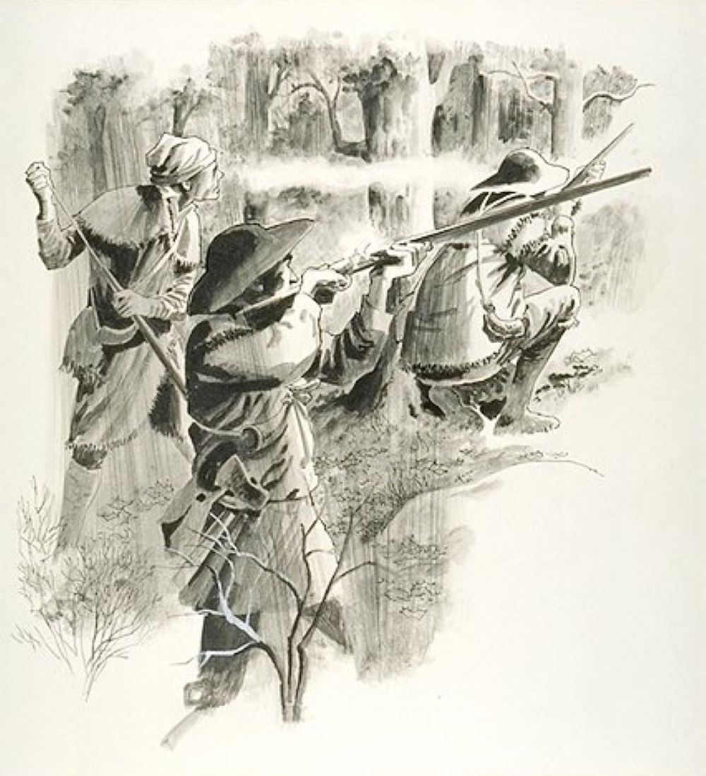 A drawing of three soliders with muskets looking for enemy amongst the trees.