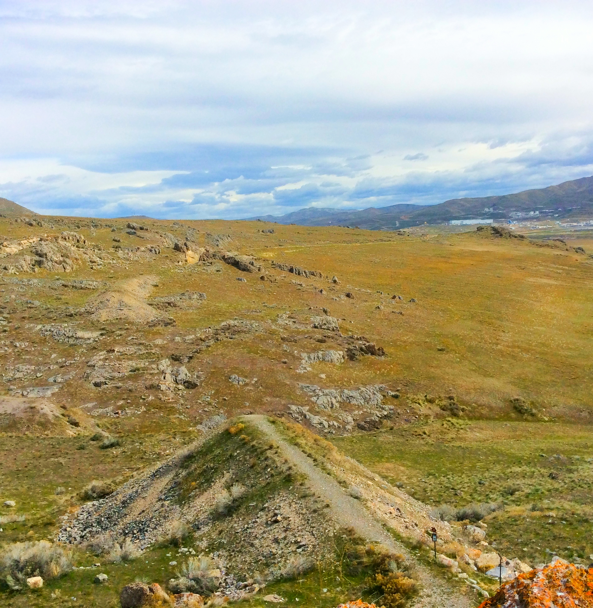 Historic railroad trestle spans a broad desert valley in northern Utah