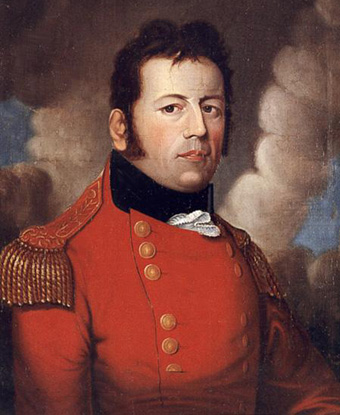 Portrait of Sir George Pr&eacute;vost in red coat surrounded by white clouds