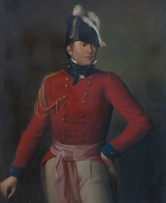 Portrait of Robert Ross in feathered hat, red coat and sash