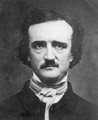 Black and white bust-length photo of Edgar Allan Poe, a man with a large forehead and dark eyes.