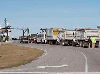 Vehicles in the stacking lanes at the Hatteras Inlet North Ferry Terminal.