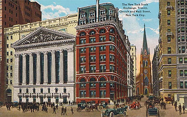 Postcard of the exterior of the New York Stock Exchange with people and cars in the foreground.