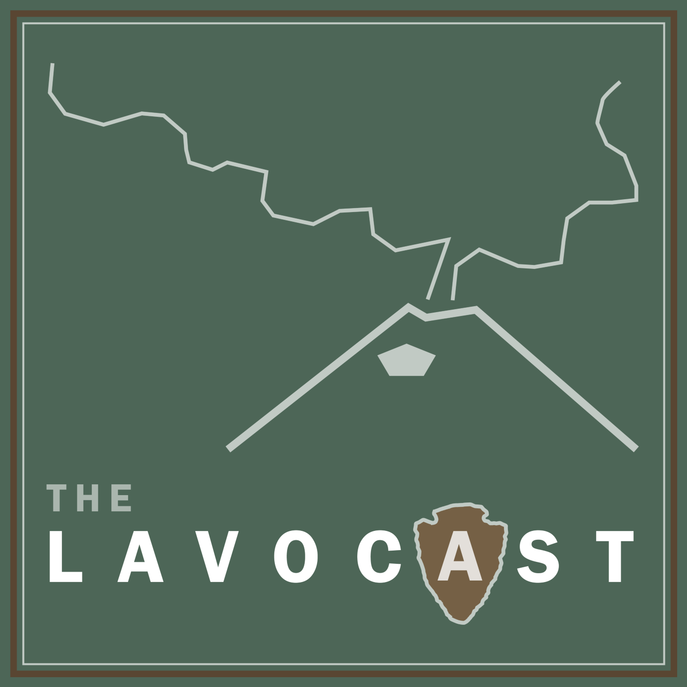 Line drawing of an erupting volcano, light gray on dark green background, and the words The Lavocast