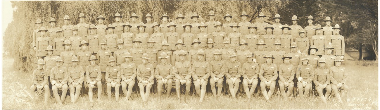 An ROTC regiment photo in the Presidio of San Francisco from 1918 with their hats on.