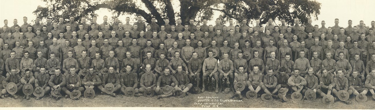 4th Officers Training School 1st company 8th Division at Camp Freemont in 1918 with their hats on.