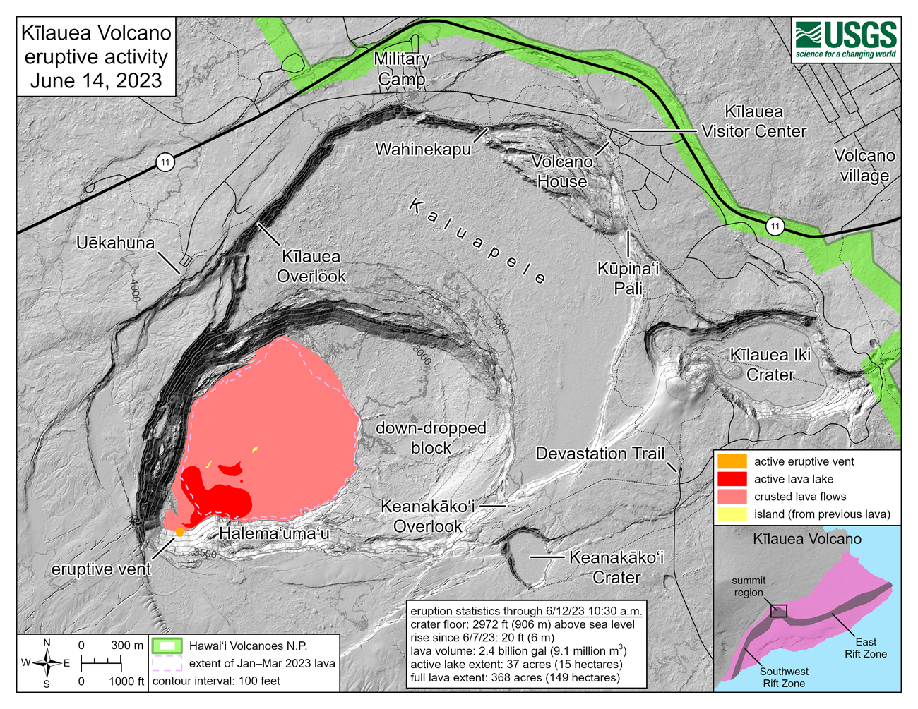 A eruptive activity map for September 2023. Map shows lava filling a larger portion of a volcanic crater in an area known as the down-dropped block. The lava filled 496 acres of the crater.