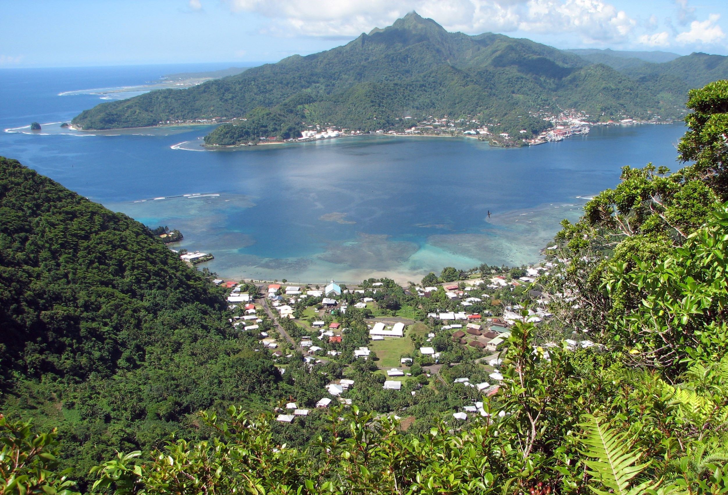 Map Graphic; light blue ocean background with ameba island labeled "South Pacific Ocean."