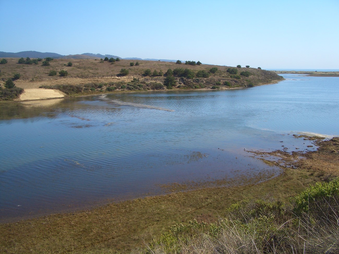 Photo of a very low-profile, shrub-covered dam that has been partially breached at the mouth of a shallow valley.