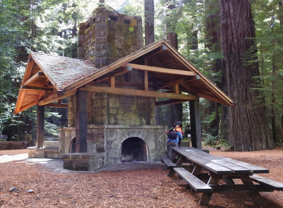 Large group of people in front of building with redwoods