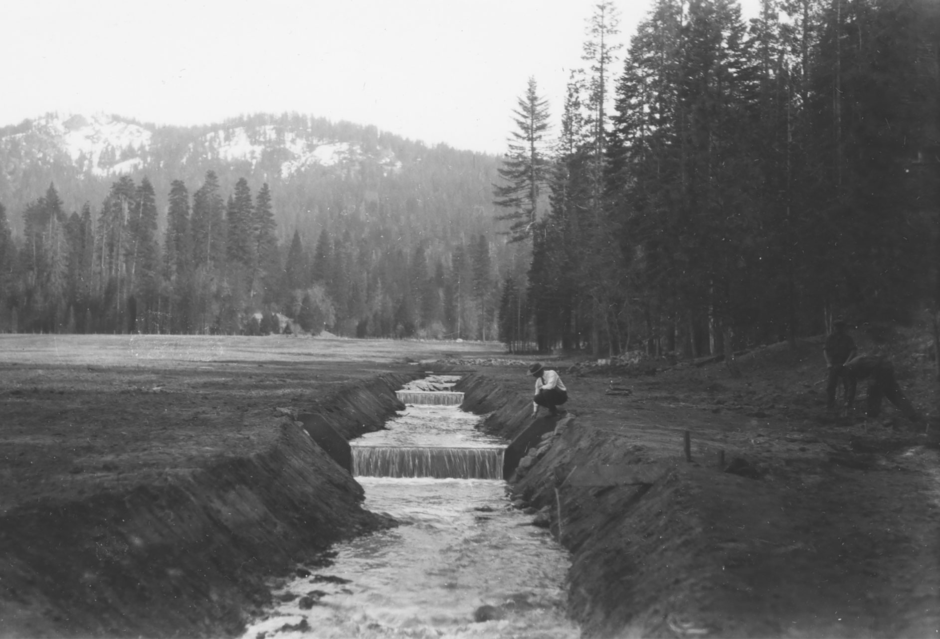 CCC workers digging a ditch in Wawona Meadow, circa 1936