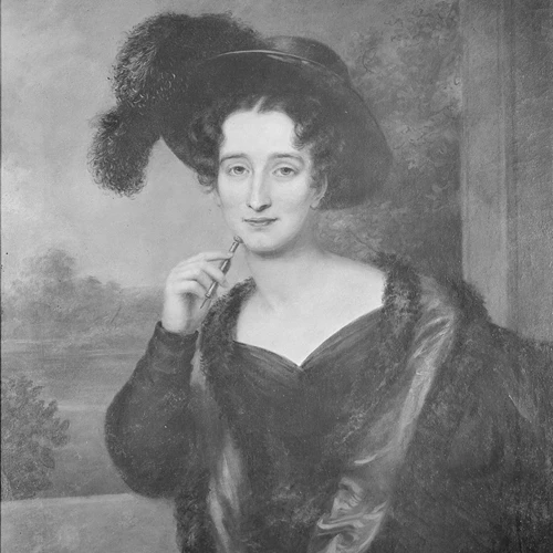 Black and white portrait of a woman in 19th-century attire, wearing a large feathered hat.
