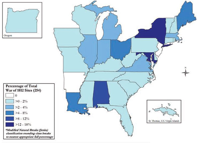Map of eastern US showing concentration of War of 1812 battlefield sites by state