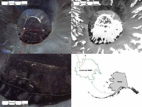 composite image of an alaska map and satellite images of a volcano caldera