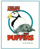 line drawing of a puffin and the words 